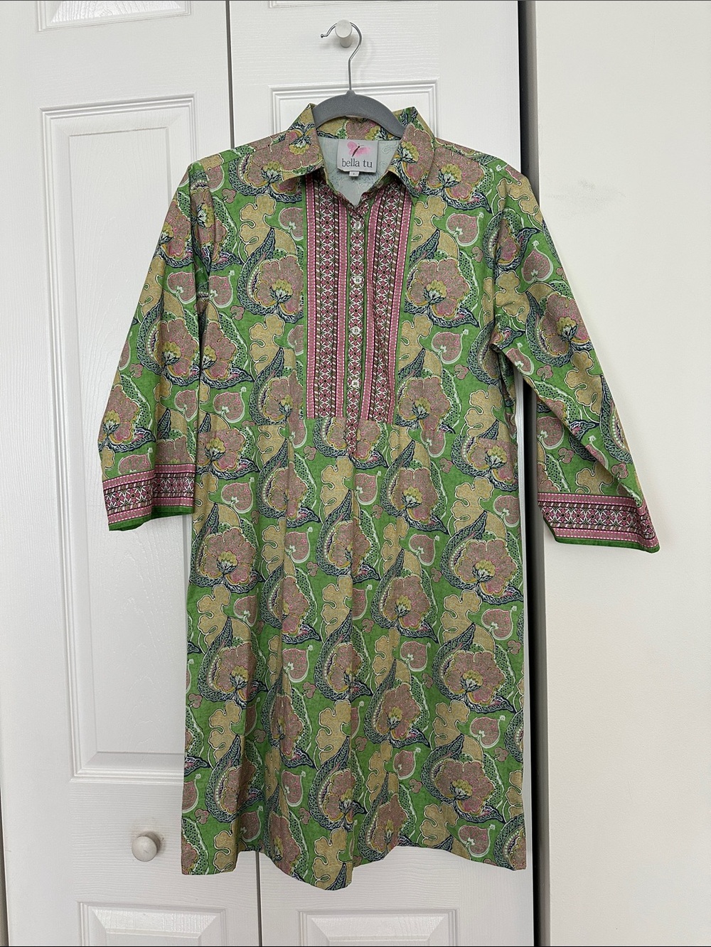 BELLA TU GREEN PINK FLORAL DRESS SIZE LARGE